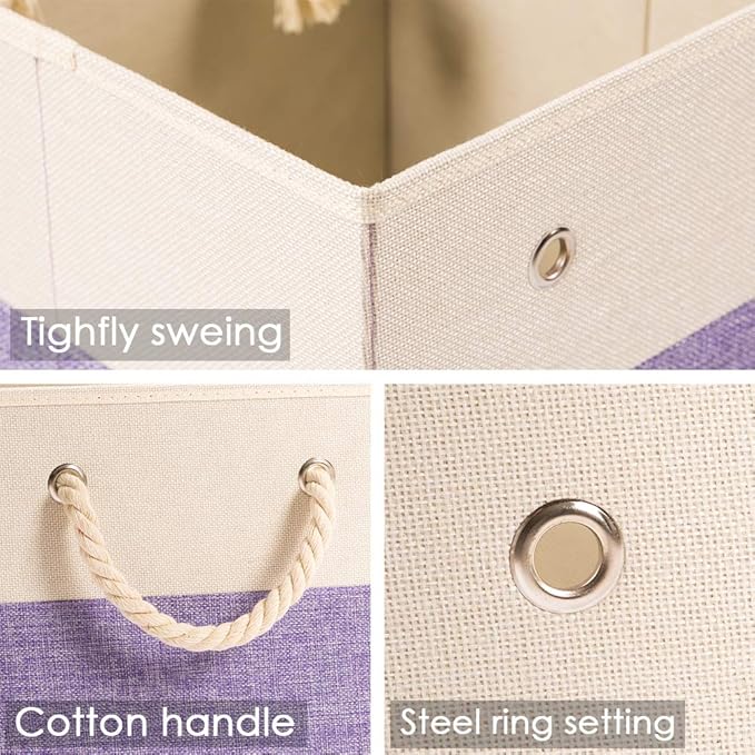 PRANDOM Large Foldable Cube Storage Bins 11x11 inch 4-Pack Fabric Linen Storage Baskets Cubes Drawer with Cotton Handles Organizer for Shelves Nursery Closet Bedroom Purple