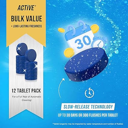 ACTIVE Automatic Toilet Bowl Cleaner Tablets Blue Gel Toilet Tank Cleaners, Septic-Safe Hard Water Ring Stain Remover, Smell Eliminator Heavy Duty Toilet Cleaning  Deodorizer, Fresh Scent - 12 Tabs