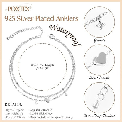 Sterling Silver Anklet Bracelets for Women Waterproof, 925 Sliver Plated CZ  Heart Charm Dainty Layer Anklets for Women Trendy, Simple Chain Anklets Set Gifts for Women, Jewelry Gifts for Her Women Mom Wife Girlfriend