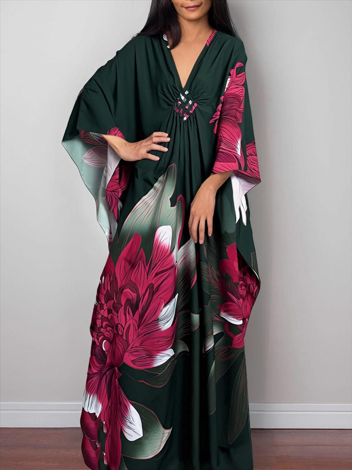 LOUSEA Kaftan Dress for Women Large Flower Print Cover Up Dresses Vneck One-piece Bathingsuit Cover Ups