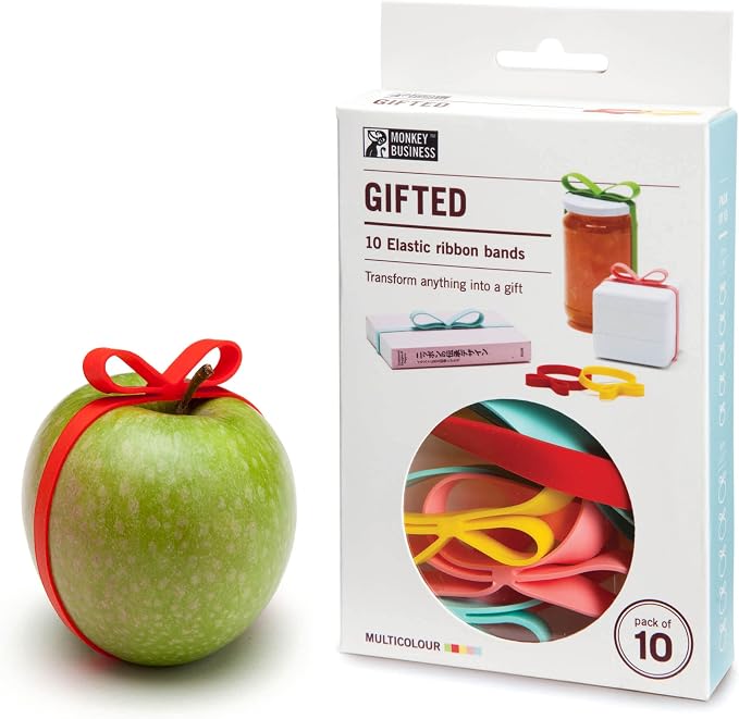 Monkey Business Gifted Multicolor: Elastic Silicone Ribbon Bands for Gift Wrapping, Presents Packaging Solution, Super Saver Pack of 10 Bands in 2 Sizes