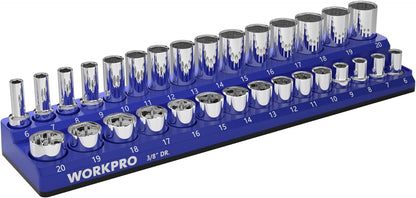 WORKPRO 3/8" Metric Magnetic Socket Organizer, Holds 30 Pieces, Standard & Deep Sockets (Sockets Not Included)