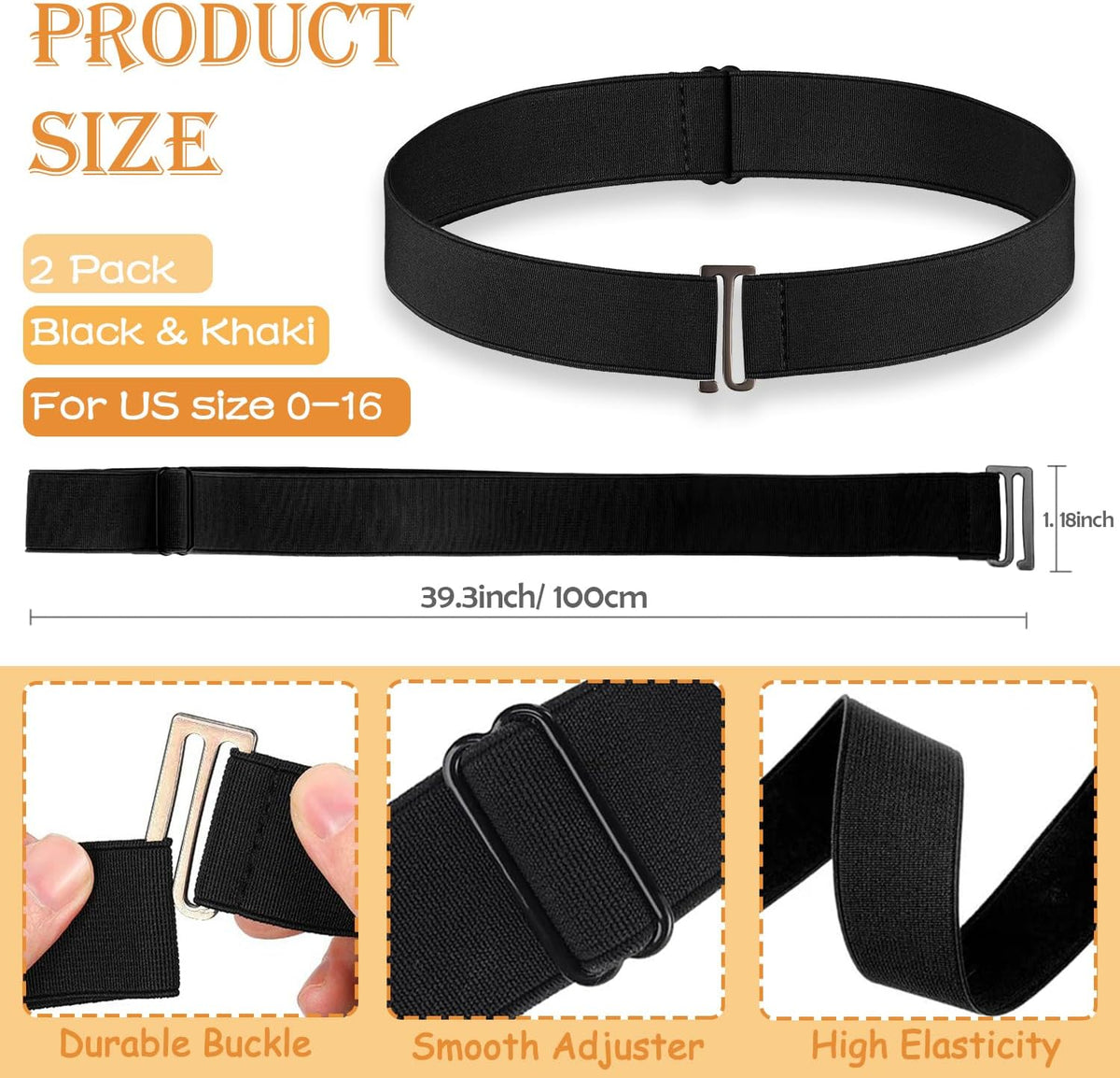 HAWOWZ 2Pcs No Show Stretch Belt for Women Invisible Elastic Tuck Band, Adjustable Strap Crop Belt with Flat Buckle for Jeans Pants Dresses