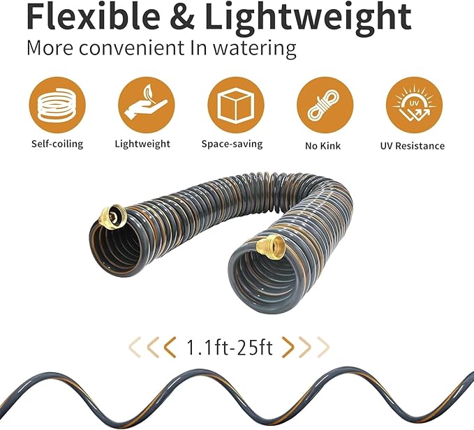 25ft Flexible Garden Hose, Spiral Water Hose, Lightweight and Kink-Free, with 34 Inch Brass Connector, 10 Pattern Nozzle (Orange Grey)