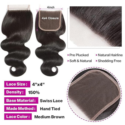 Body Wave Closure 18 Inch HD Lace Closure Free Part 4x4 Closure Human Hair 100 Unprocessed Brazilian Body Wave Virgin Hair Transparent Lace Closure Only Pre Plucked with Baby Hair Natural Black Color