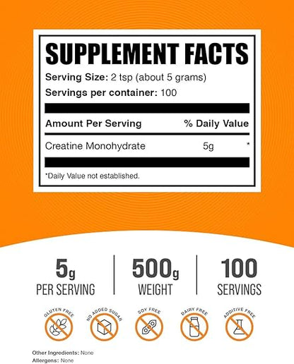 BulkSupplements.com Creatine Monohydrate Powder - Creatine Supplement, Micronized Creatine, Creatine Powder - Unflavored  Gluten Free, 5g (5000mg) per Servings, 500g (1.1 lbs) (Pack of 1)