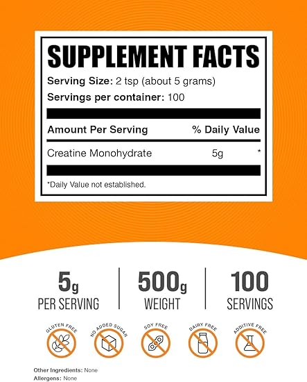 BulkSupplements.com Creatine Monohydrate Powder - Creatine Supplement, Micronized Creatine, Creatine Powder - Unflavored  Gluten Free, 5g (5000mg) per Servings, 500g (1.1 lbs) (Pack of 1)