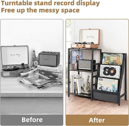 3-tier record player stand offers storage for 200 vinyl albums, turntable, and audio gear for vinyl enthusiasts.