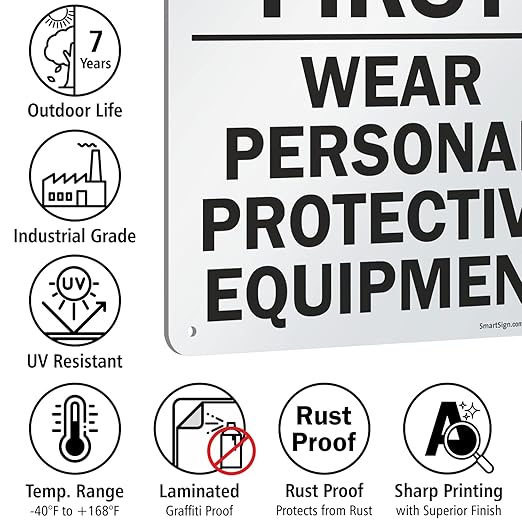 SmartSign - S-2917-AL-14 "Think Safety First - Wear Personal Protective Equipment" Sign  10" x 14" Aluminum 10" x 14" Non-Reflective Aluminum