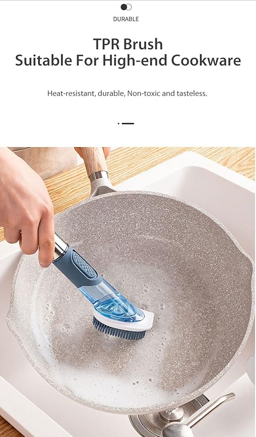 The Blue Soap Dispenser Dish Brush includes 2 refills: Stainless Steel TPR and Sponge Bristles, Long Handle and Dishwashing Cleaning Brush, Safe Non-Stick (Blue)