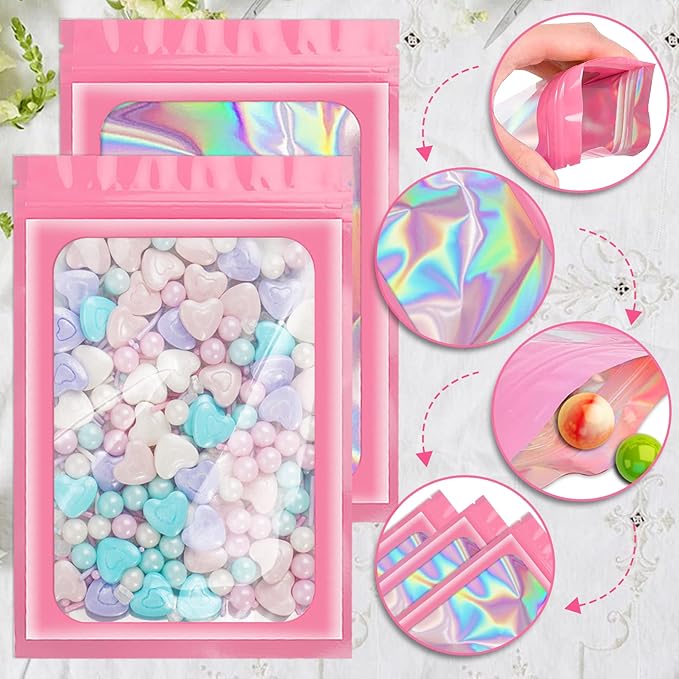 100 Pack Holographic Bags, Resealable Bags Packaging Bag with Clear Window Resealable Odor Foil Pouch for Food Storage, LipglossJewelry Lash Packaging(Pink, 2.4 x 3.9 Inch)