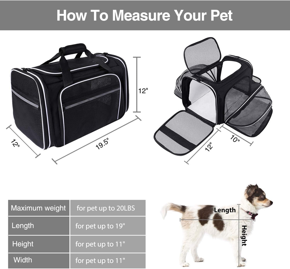 Airline Approved,Large 2 Sides Expandable Dog Carrier,4 Door,3 Zippered Pockets,3 Fleece Pads,Shoulder Strap, Pet Travel Carrier Bag Kennel for Cats Kitty and Small Dogs (shoulder strap ,Collapsible Soft Sided not included)