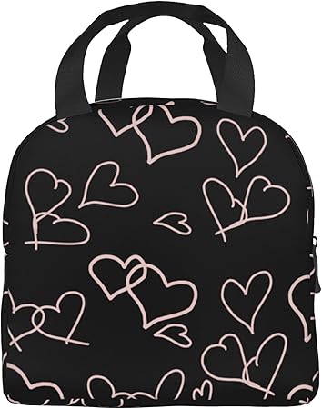 Cute Lunch Bags for Women Lunch Bag for Women,Reusable Insulated Lunch Box Thickening Insulated Cooler Bags for Work Picnic or Travel-Black Love Heart