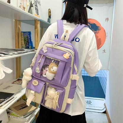 5-Piece Aesthetic Kawaii Backpack Set with Kawaii Pin and Pendants Accessories, Nylon Material  Durable  Adorable