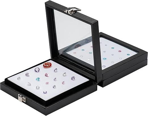 Jewelry Display Case Tempered Glass Top Lid Black Leatherette,Gemstone Display Case Jewelry Storage Box with Metal Clasp (Medium)
