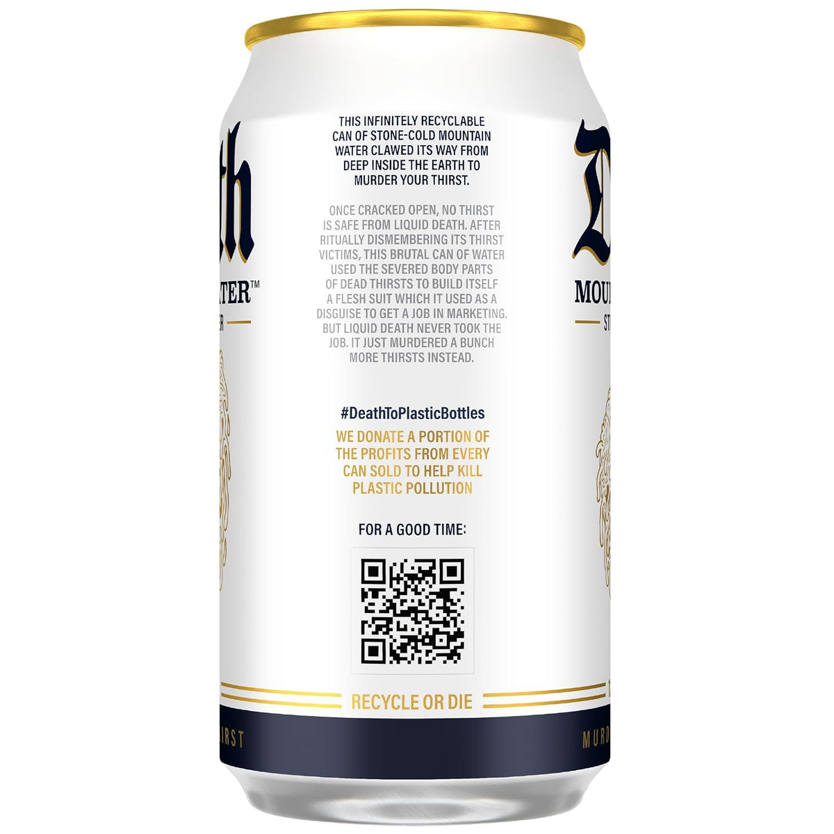 Liquid Death Still Mountain Water, Real Mountain Source, Ice-Cold Cans, Infinitely Recyclable, 12 Fl Oz (Pack of 12) (Box has damage)