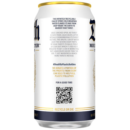 Liquid Death Still Mountain Water, Real Mountain Source, Ice-Cold Cans, Infinitely Recyclable, 12 Fl Oz (Pack of 12) (Box has damage)