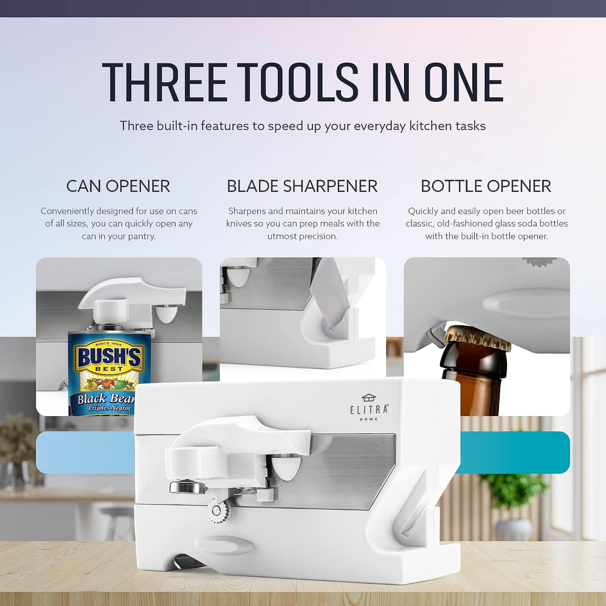3 in 1 Under the Cabinet Electric Can Opener, Blade Sharpener, Bottle Opener, Under The Counter Mount, For Large And Small Cans (White)