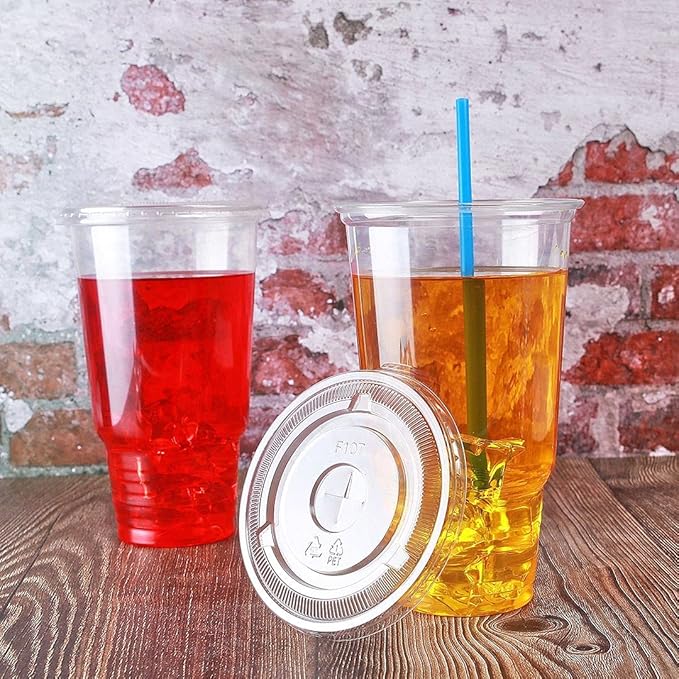 Disposable 32 oz clear Plastic Cups with Flat Lids with x hole,50 sets