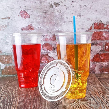 Disposable 32 oz clear Plastic Cups with Flat Lids with x hole,50 sets