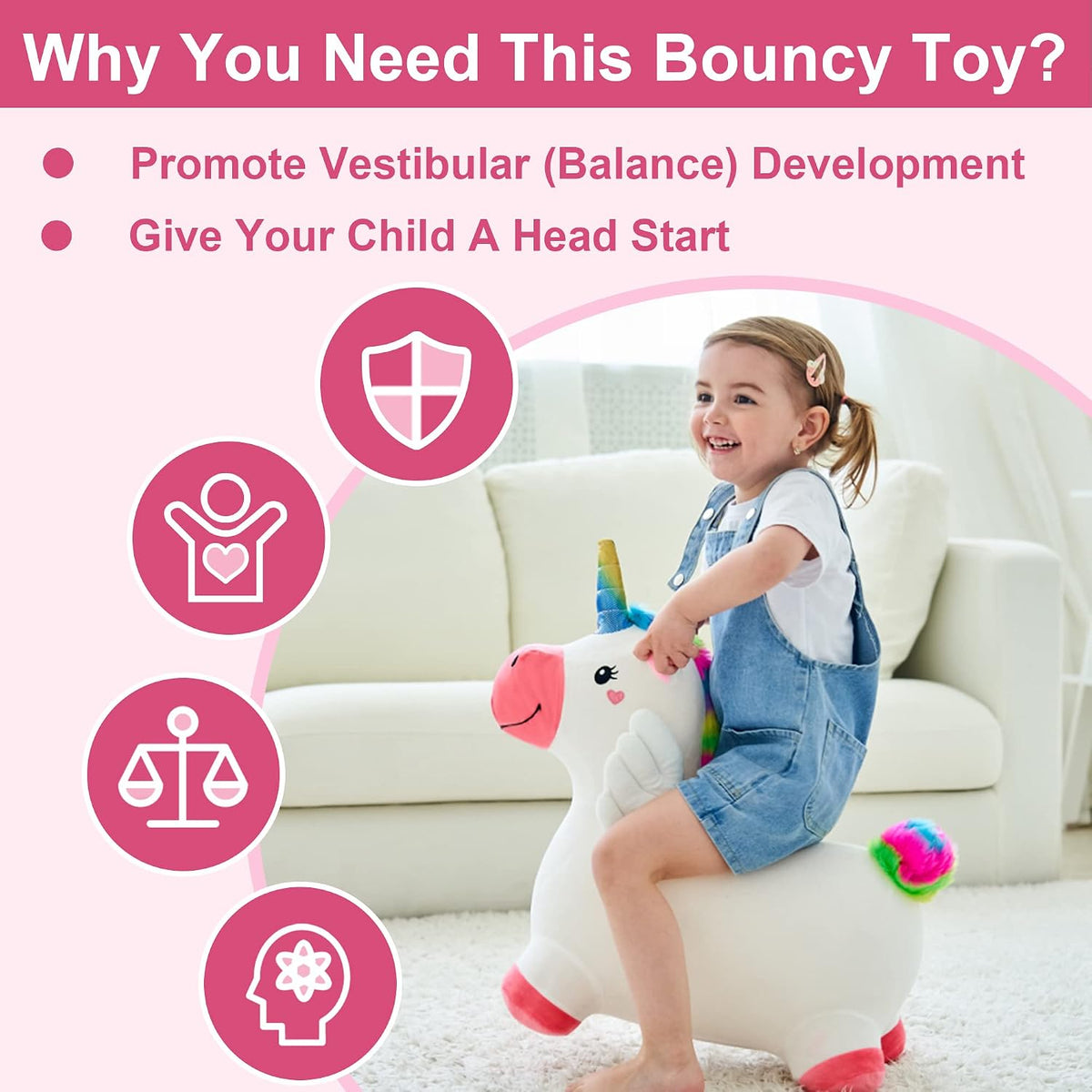 iPlay, iLearn Bouncy Pals Hopping Unicorn Horse, Toddler Girl Inflatable Bouncing Animal Hopper Toy, Outdoor Indoor Plush Ride on Bouncer, Baby Birthday Gift 18 Month 2 3 4 Year Old Kid - Unicorn (Does not include air pump)