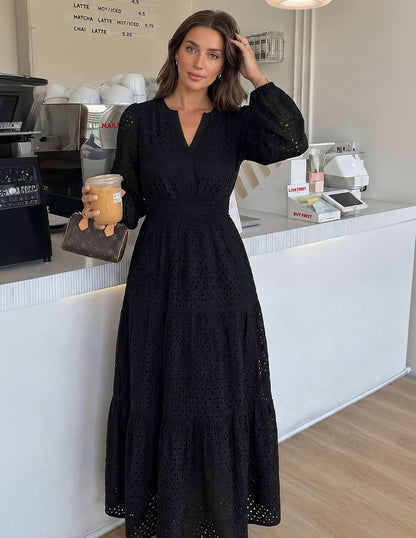 PrettyGarden Women's 2026 Fall Long Sleeve Eyelet Maxi Dress | V Neck Hollow Out A Line Flowy Casual Winter Outfits Funeral Church Wedding Guest Cocktail Midi Dresses