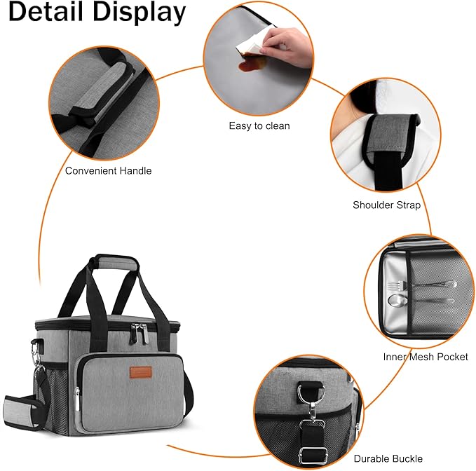Femuar Lunch Bags for WomenMen, Insulated Lunch Bag for Work Office Picnic - Large Lunch Cooler Bag Leakproof Lunch Box with Adjustable Shoulder Strap for Adults - Grey (15L)