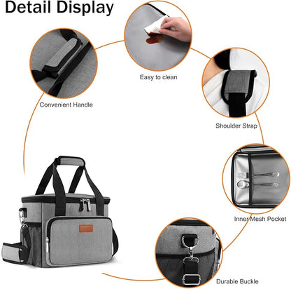 Femuar Lunch Bags for WomenMen, Insulated Lunch Bag for Work Office Picnic - Large Lunch Cooler Bag Leakproof Lunch Box with Adjustable Shoulder Strap for Adults - Grey (15L)