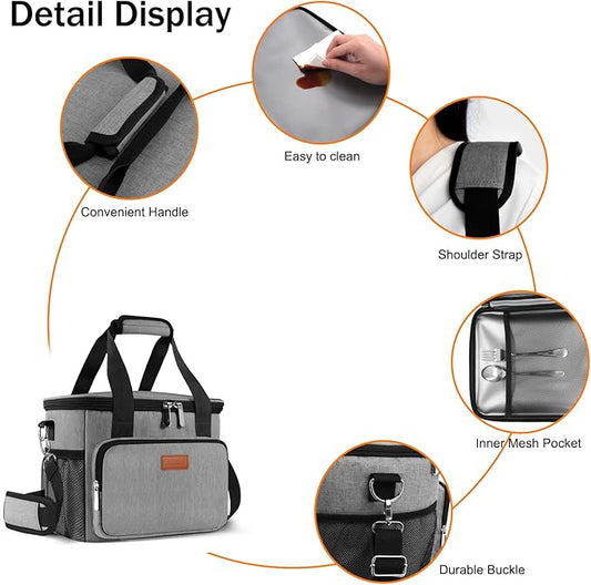 Femuar Lunch Bags for WomenMen, Insulated Lunch Bag for Work Office Picnic - Large Lunch Cooler Bag Leakproof Lunch Box with Adjustable Shoulder Strap for Adults - Grey (15L)
