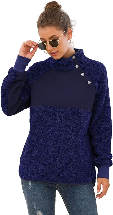 VIISHOW Women's Long Sleeves Quilt Coat Turtleneck Oblique Button Neck Fleece Pullover Coat Sweatshirts Outwear with Pocket