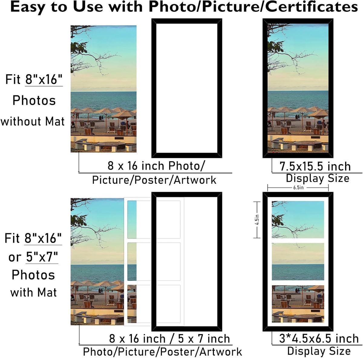 JCJMY 8x16 Picture Frame, 5x7 Collage Picture Frame, Display 3 Pcs 5x7 Photos or 8x16 Picture, 3 Opening 5x7 Collage Frame for Wall Hanging or Tabletop, Lightweight 5 x 7 Multi Photo Frame, Black