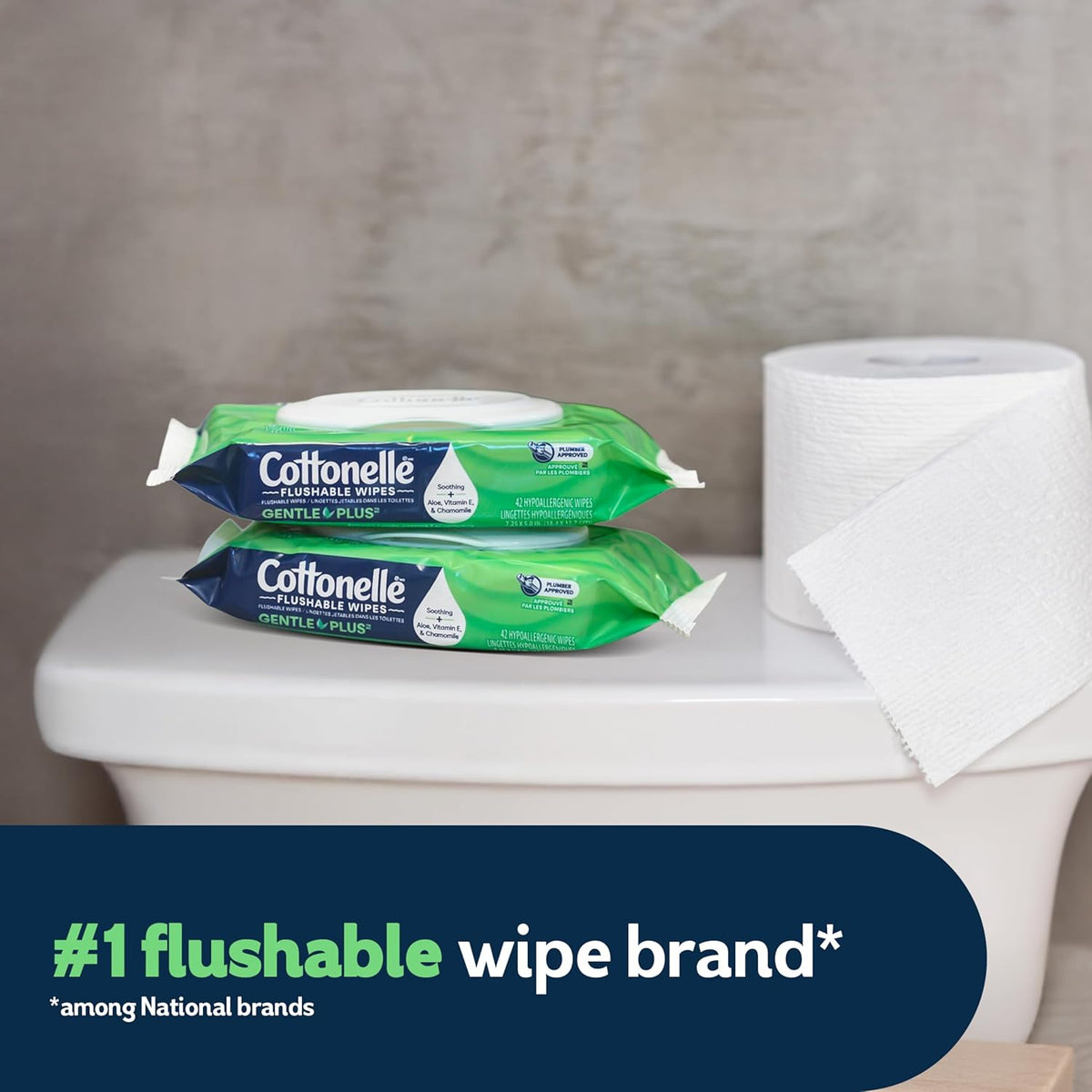 Cottonelle GentlePlus Flushable Wet Wipes with Aloe & Vitamin E, 2 Flip-Top Packs, 42 Wipes Per Pack, Packaging May Vary