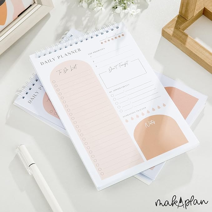 Daily Planner To Do List Notepad 60 Undated Pages,Apricot,Twin-ring Spiral Bindling 6x9 Inch Desktop Daily Planning Notepad with Protective Cover,Notebook for Daily Tasks, Water Intake, Habit Tracker