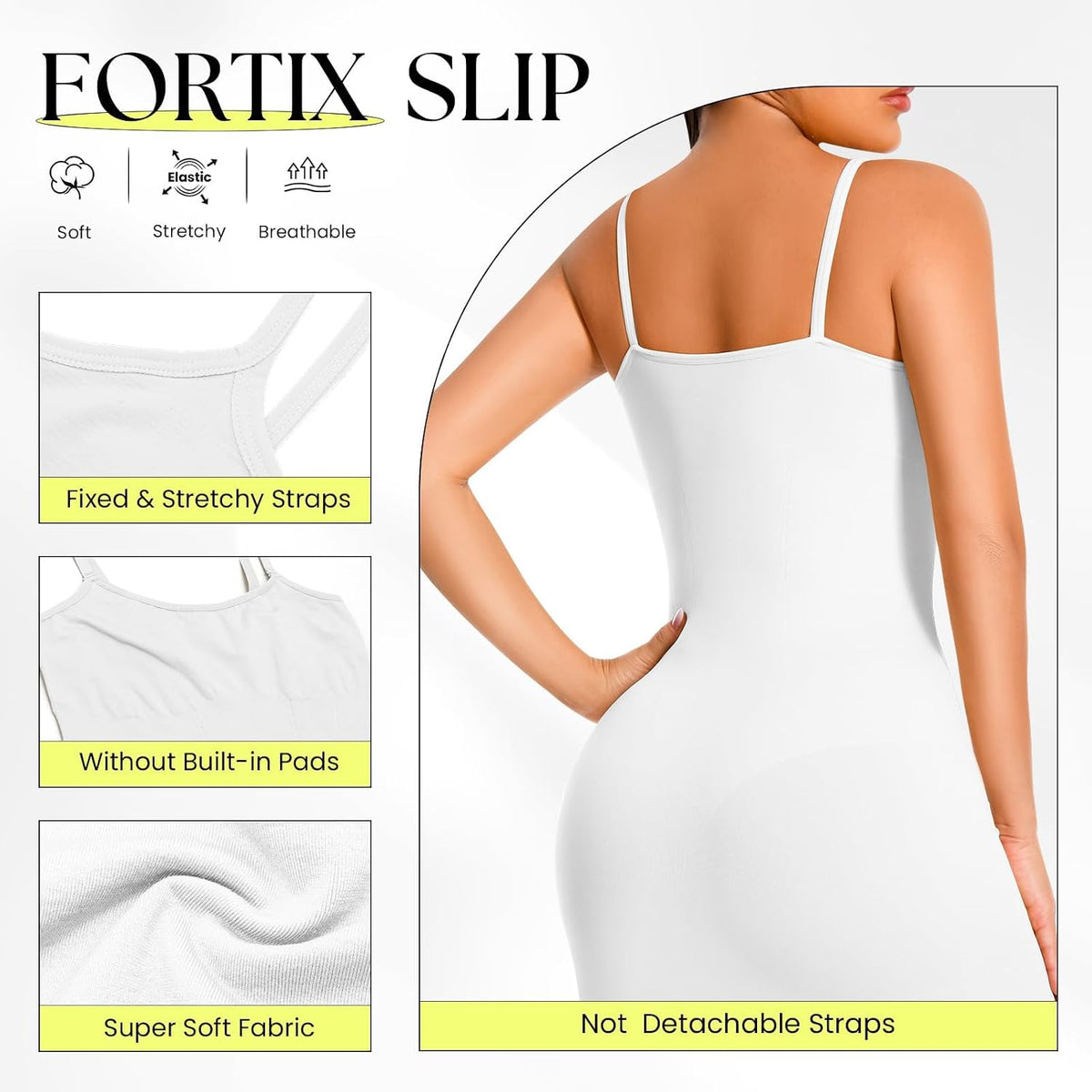 fortix Women's Shapewear Slips Under Dresses Tummy Control Body Shaper Full Slip Seamless Spaghetti Cami Dress