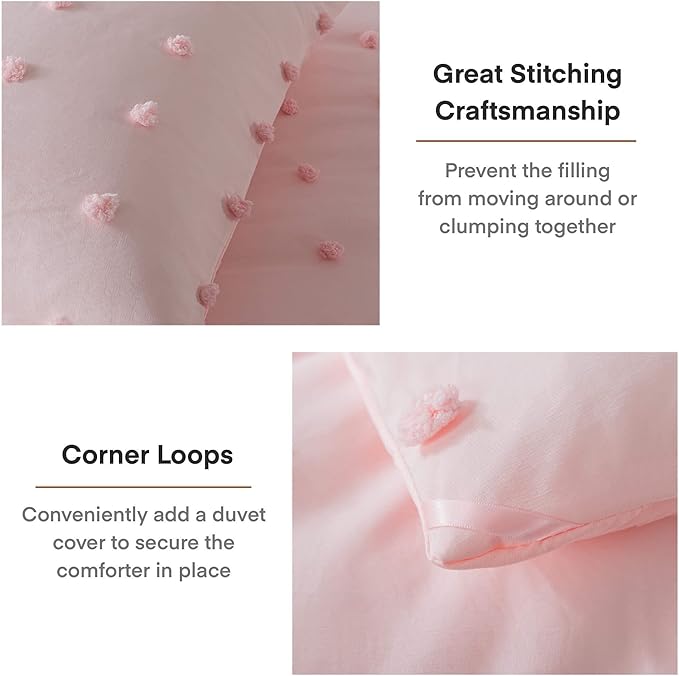 Paxrac Pink TwinTwin XL Comforter Set (68x90 inches), 2 Pieces- Soft Cotton Lightweight Blush Comforter with 1 Pillowcase, Chenille Dots All Season Down Alternative Comforter Set for Bedding