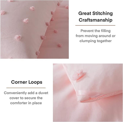 Paxrac Pink TwinTwin XL Comforter Set (68x90 inches), 2 Pieces- Soft Cotton Lightweight Blush Comforter with 1 Pillowcase, Chenille Dots All Season Down Alternative Comforter Set for Bedding