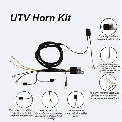 12V Universal UTV Horn Kit Delivers high Sound Quality, Stable Circuit Output, Versatile fit for Polaris RZR General Ranger, Cat Wildcat Trail, for Maverick, Teryx,