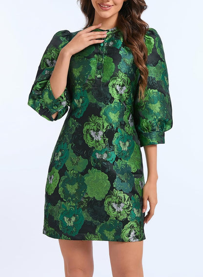 Ladyful Women's Floral Jacquard Shift Dress 2026 Long Puff Sleeve Button Up Elegant Cocktail Party Mini Dress