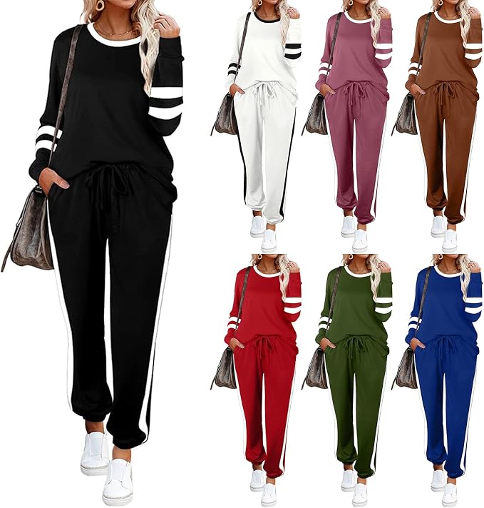 2 Piece Sets for Women Color Block Sweatshirts and Drawstring Waist Sweatpants Baggy Jogger Suits Casual Tracksuits