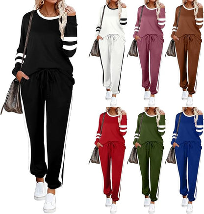 2 Piece Sets for Women Color Block Sweatshirts and Drawstring Waist Sweatpants Baggy Jogger Suits Casual Tracksuits