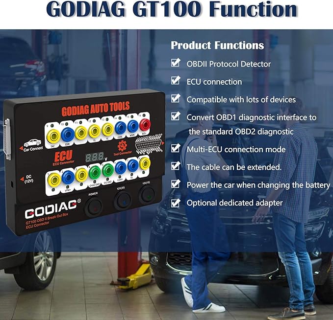 GODIAG GT100 Automotive Tools OBD II Breakout Box ECU Connector with OBD Main Line & Multi-Function Jumper for Check Engine, Support LED Indicator and Lookup