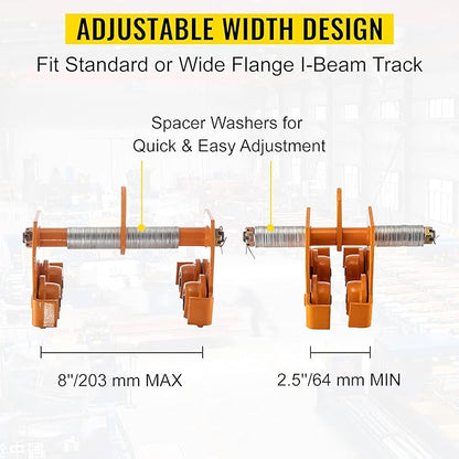 VEVOR 2200LBS 1 Push Manual 2200LBS1 Ton Load Capacity Beam Trolley with Dual Wheels 2.5-8 inch Adjustable Width, Orange