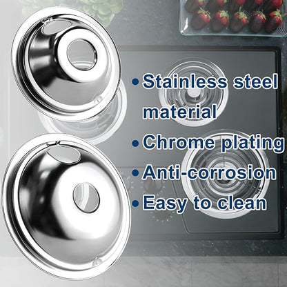 4 Pack GE68C Chrome 6" 2 x 8" Burner Drip Pan Bowls by PANDEELS- Fit for GE and Hot-point Electric Ranges