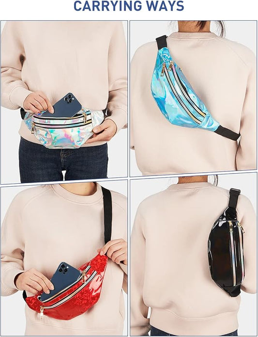 LIVACASA Holographic Fanny Packs for Women Cute Waist Packs Shiny Waist Bum Bag Waterproof for Travel Party Festival Running Hiking All Silver 50+ bought in past month