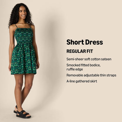 Essentials Women's Regular-Fit Cotton Sateen Smocked Bodice Dress