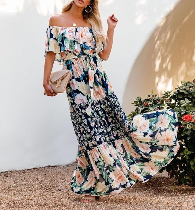 Womens Off Shoulder Boho Floral Maxi Dress 2025 Belted Cinched Waist A-line Dresses Summer Vacation Beach Outfits for Women
