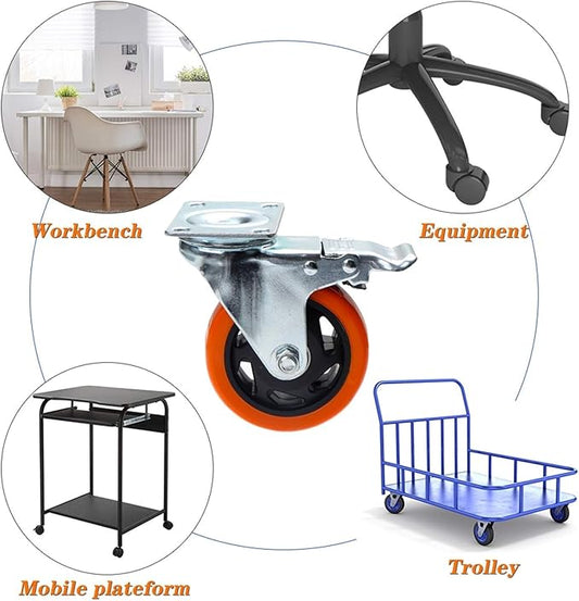 Casters for Movingniture 2Pcs Screw 4 Inch5 inch Orange Through Flower Polyurethane Swiveler Industrial Trolley Wheels for Heavy Dutyhine Platform Trolley4 inch