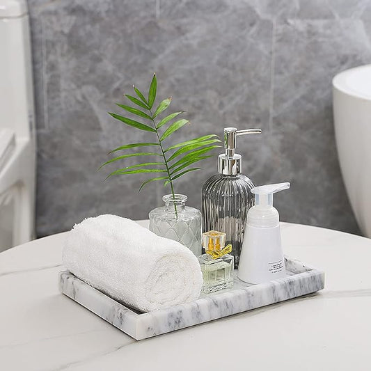 Marble Bathroom Vanity Tray, Natural Luxury Vanity Home Kitchen Bathroom Table Tray, Stone Decorative Countertop Dresser Trays for Key Coffee Perfume Jewelry Makeup (Blackish Green, 12" x 8" x 1.2")