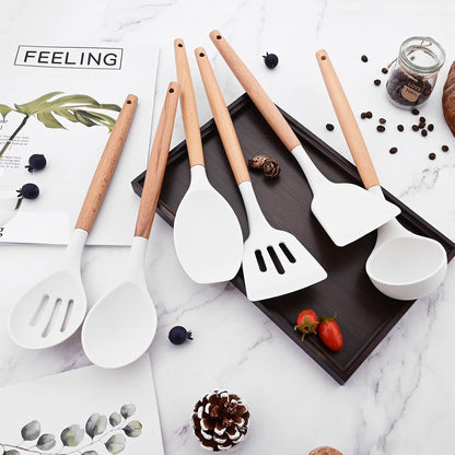 Carote 1pc White Silicone Soup Ladle Spoon with Wooden Handle, Heat Resistant Cooking Utensils, Large Nonstick Serving Scoop for Sauce, Soup, Stew, Chili, Salad Dressing and Pancake Batter.