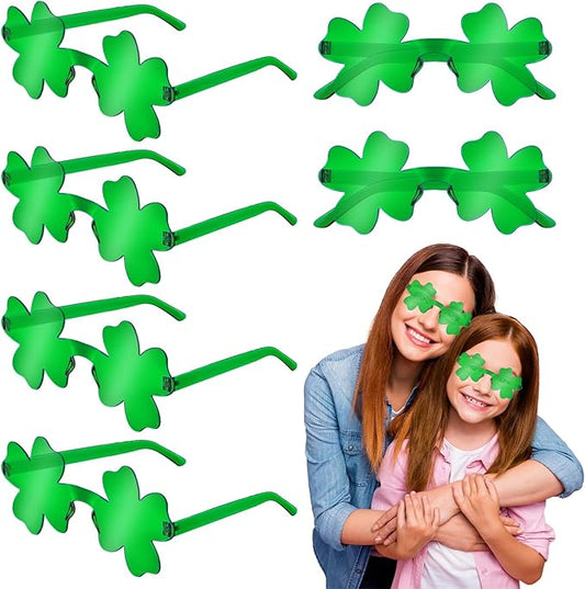 St Patricks Day Green Shamrock Glasses 6 PCS, Irish Four Leaf Clover Universal Fit Sunglasses Party Favor Supplies Accessories, Saint Patricks Gifts Decorations Photo Props for Parade Outfits Costume